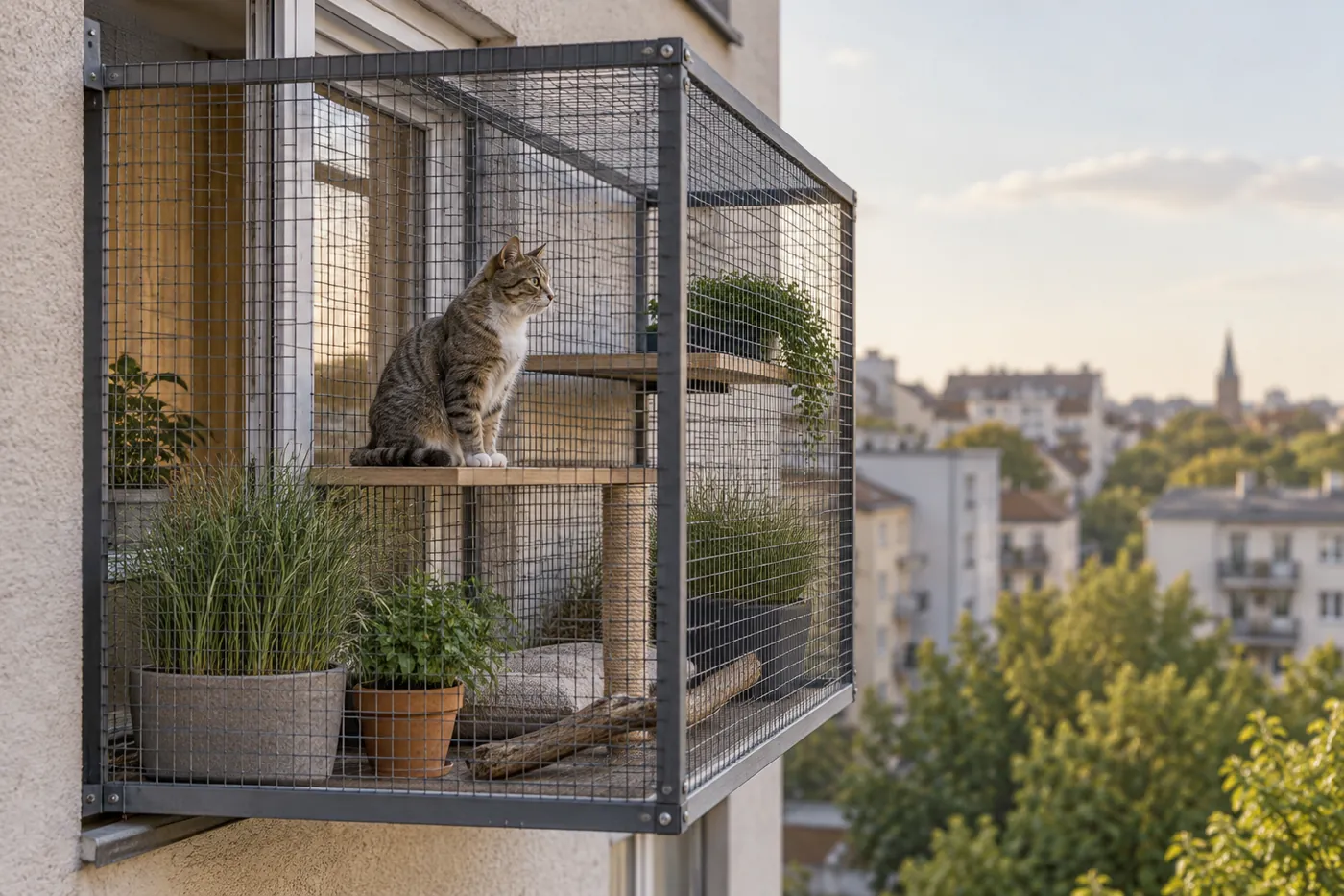 An enclosed mesh balcony run planted with grasses, with a cat sitting inside looking out
