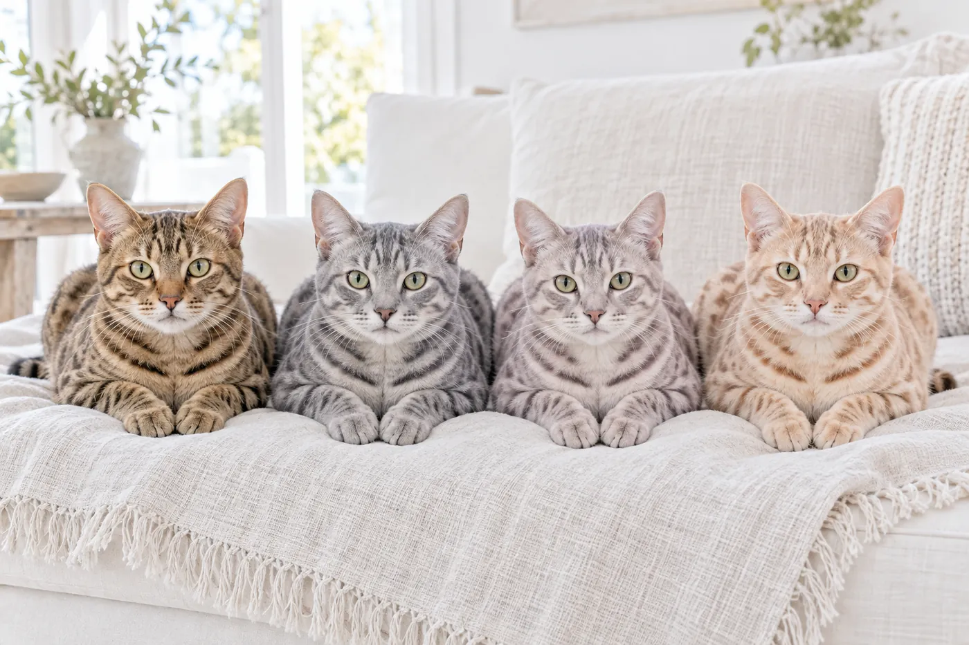 Four shorthaired cats in brown, blue, lilac and peach lying in a row on a pale throw