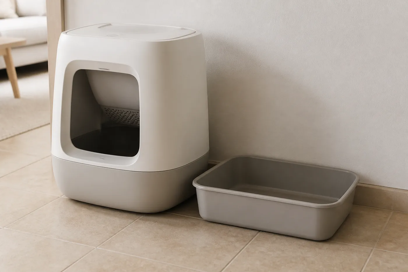A covered automatic litter unit beside a plain open tray on a tiled floor