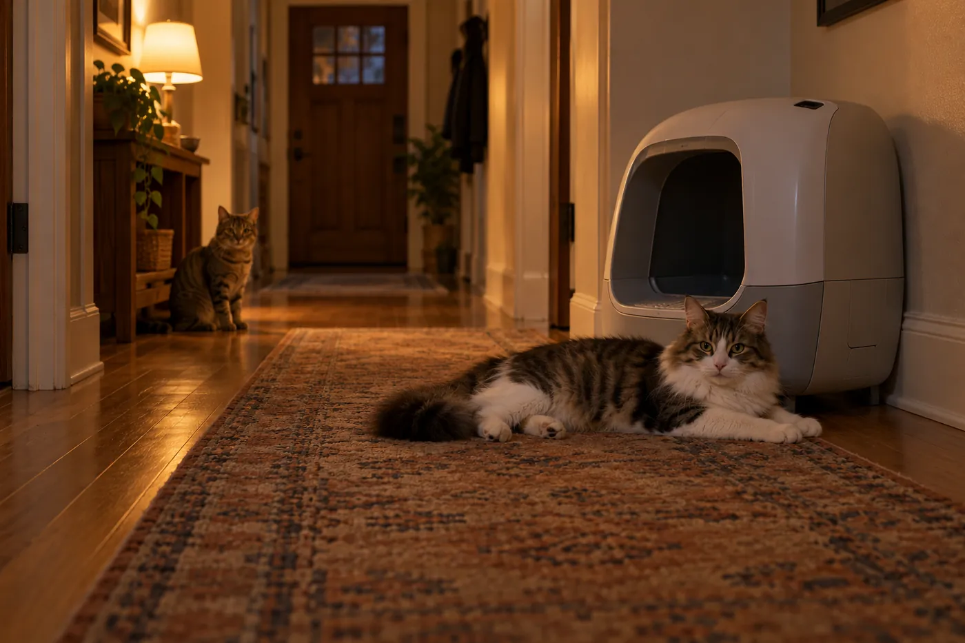 One cat lying across the approach to a covered automatic litter unit while a second cat waits down the hallway