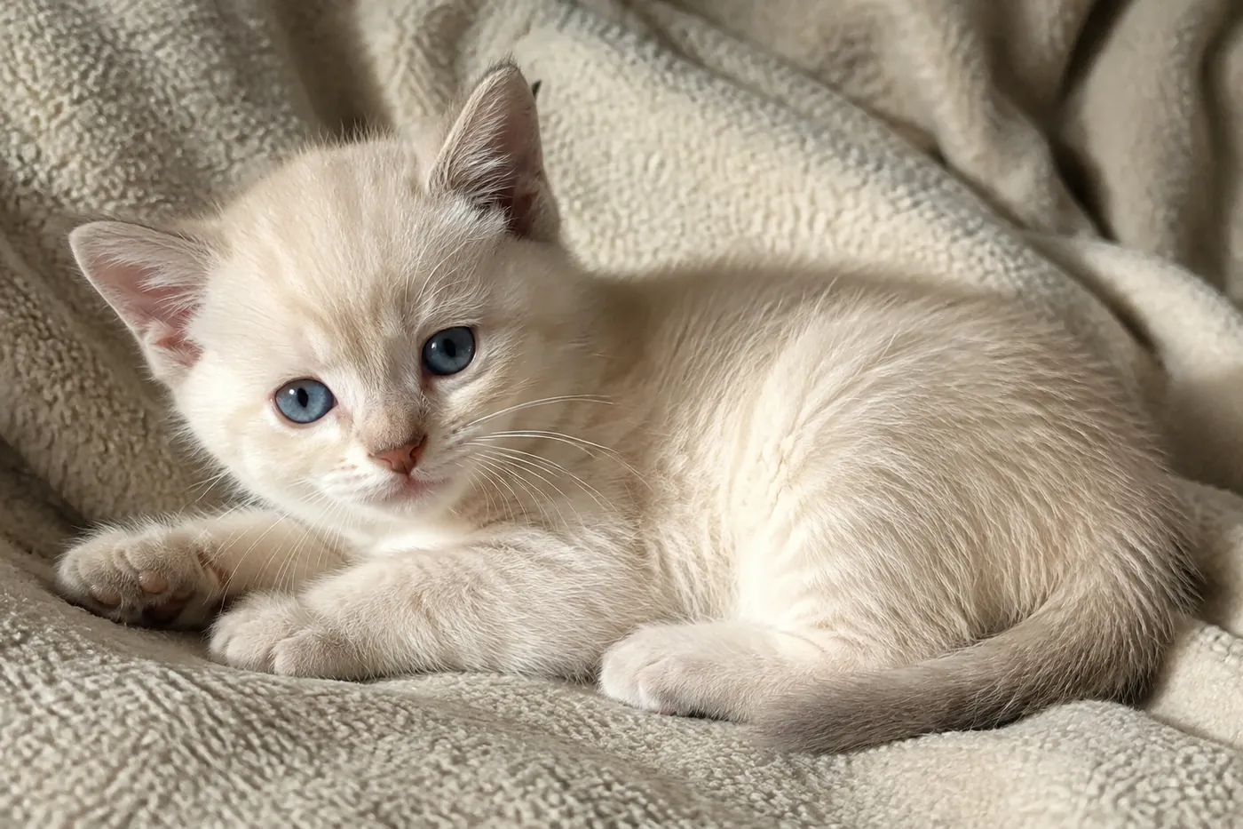 A very young pale kitten lying on a pale blanket with barely visible points