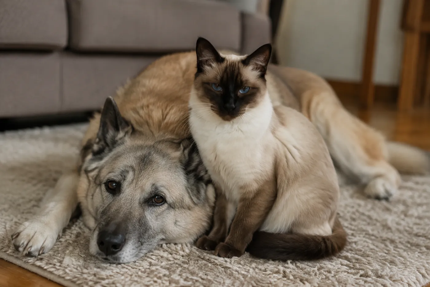 A pointed cat sitting close beside a relaxed dog on a rug in hard side light