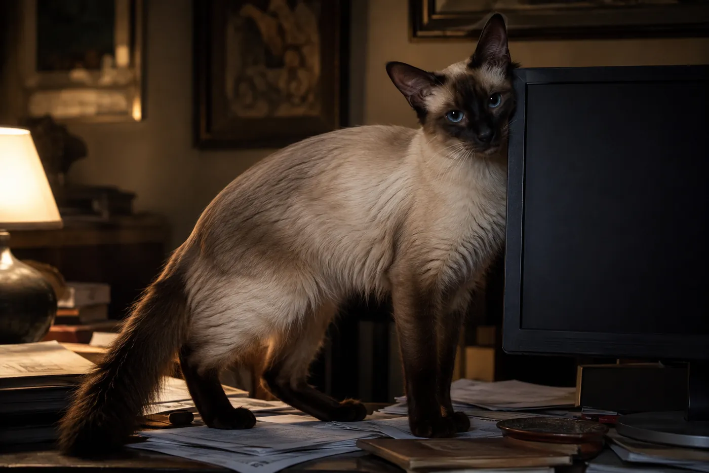 A pointed cat standing on a desk among papers pressing against a computer screen