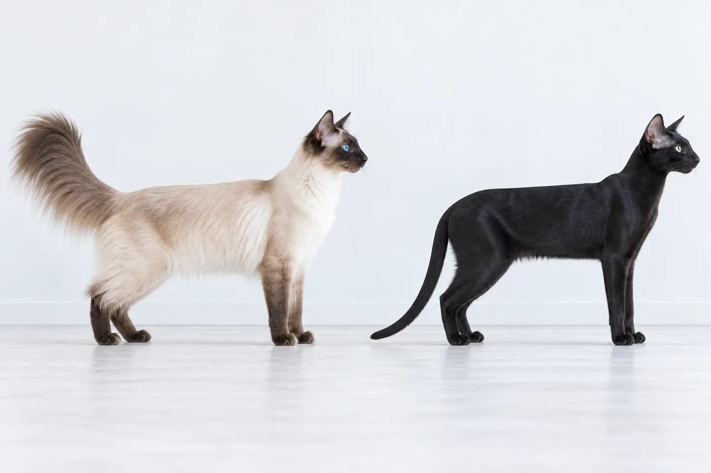 A seal point Balinese and an ebony Oriental Shorthair standing in side profile on the same baseline