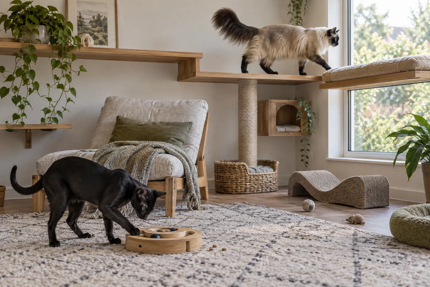 A Balinese using connected wall shelves while an Oriental Shorthair works a food puzzle beside an empty chair in one activity room
