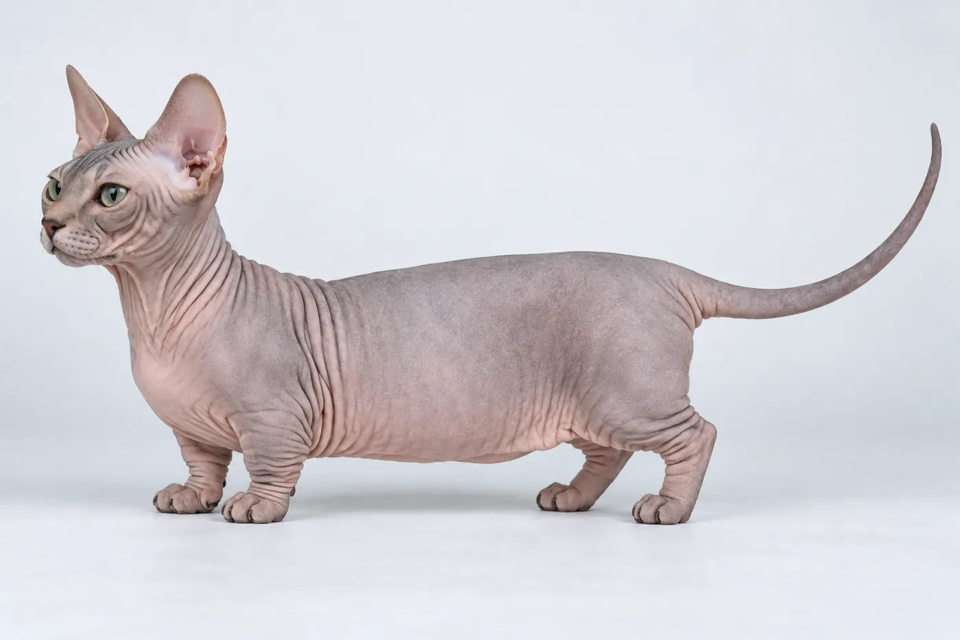 A hairless cat with short legs standing in profile on a plain pale backdrop