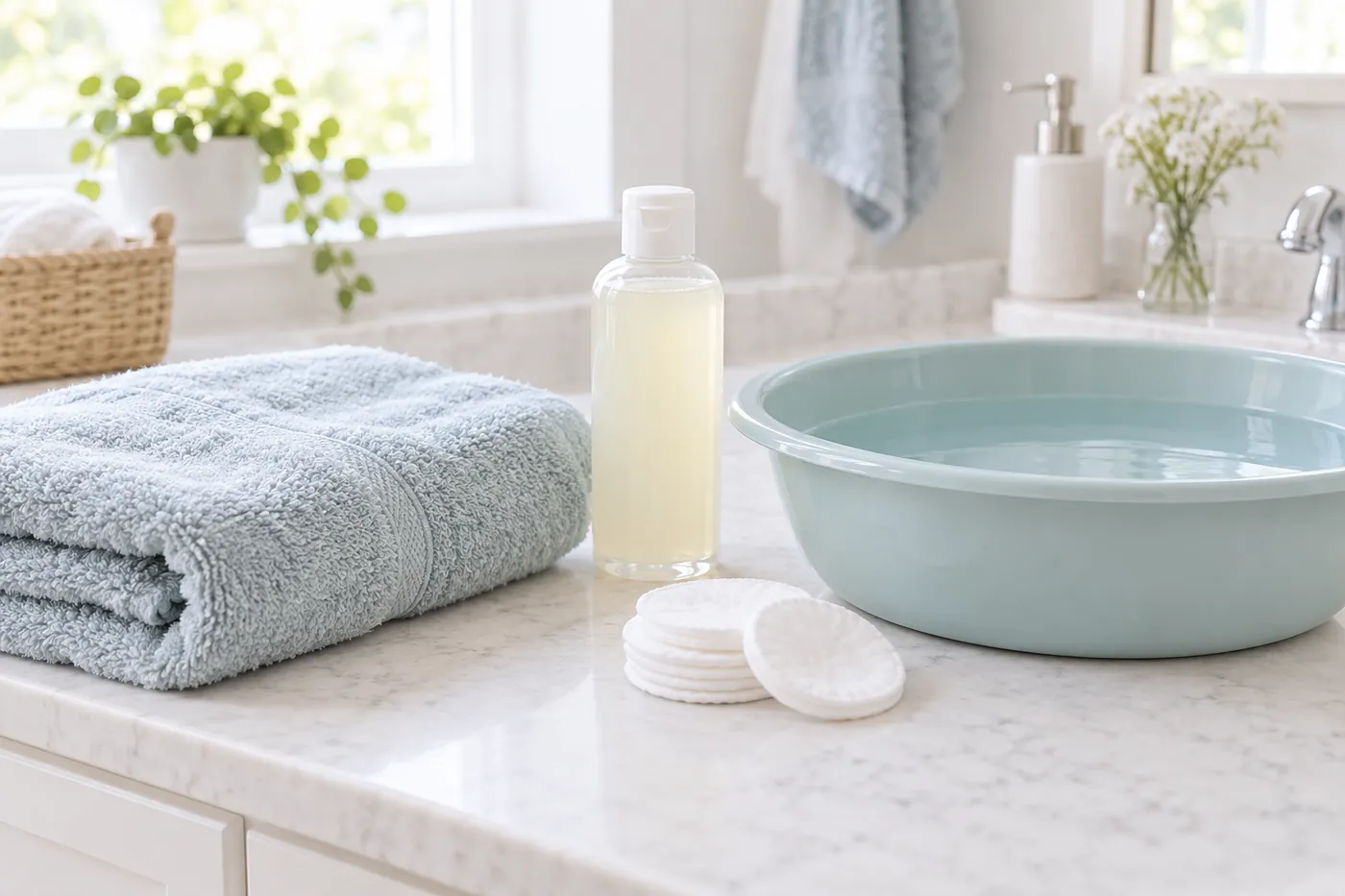 A towel, gentle pet shampoo, a basin of warm water and cotton pads on a bathroom counter