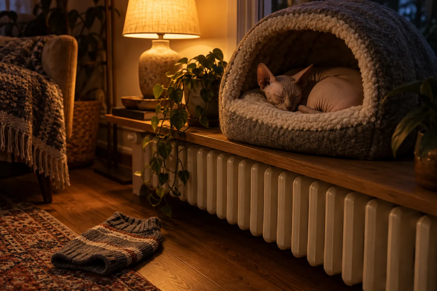 A hairless cat asleep in a covered fleece-lined bed on a warm shelf, with a knitted jumper beside it