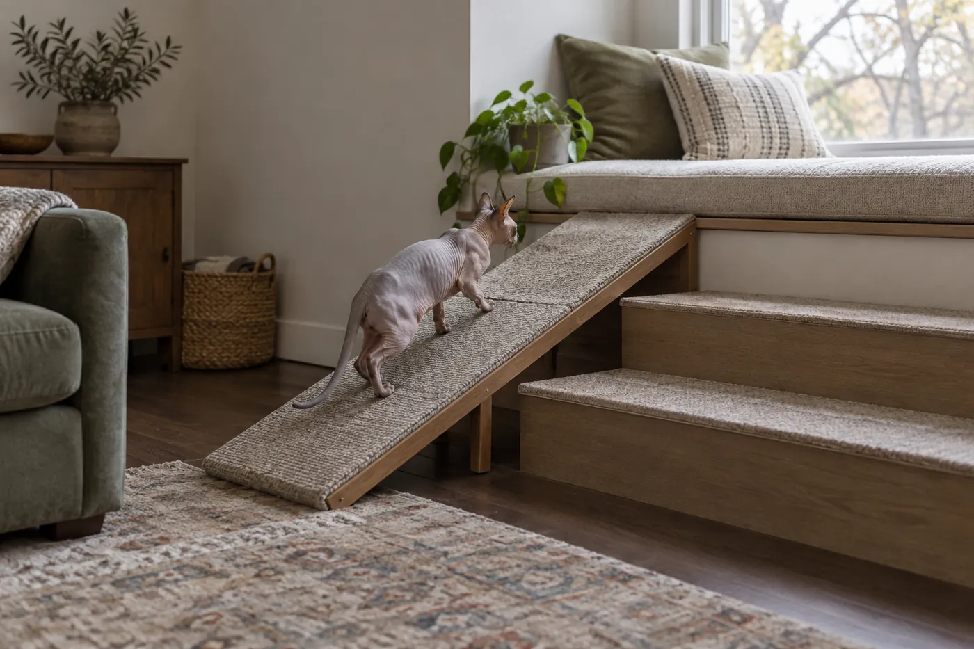 A carpeted ramp and low broad steps leading to a window seat, with a short-legged hairless cat on the ramp