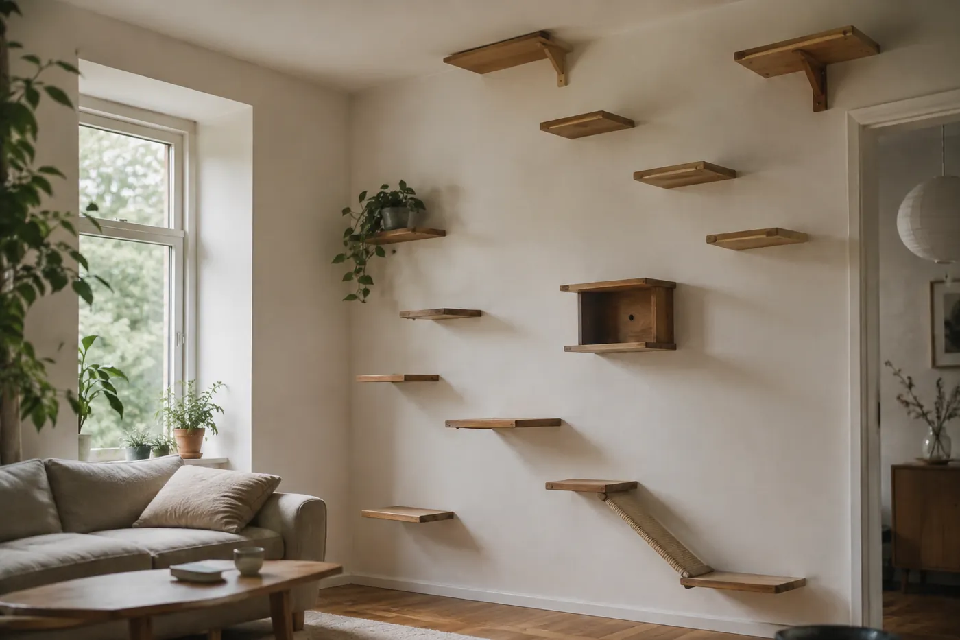 A living room with wall shelves forming a route to the ceiling