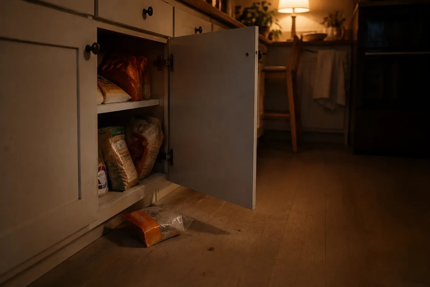 A cupboard door standing open with its contents disturbed