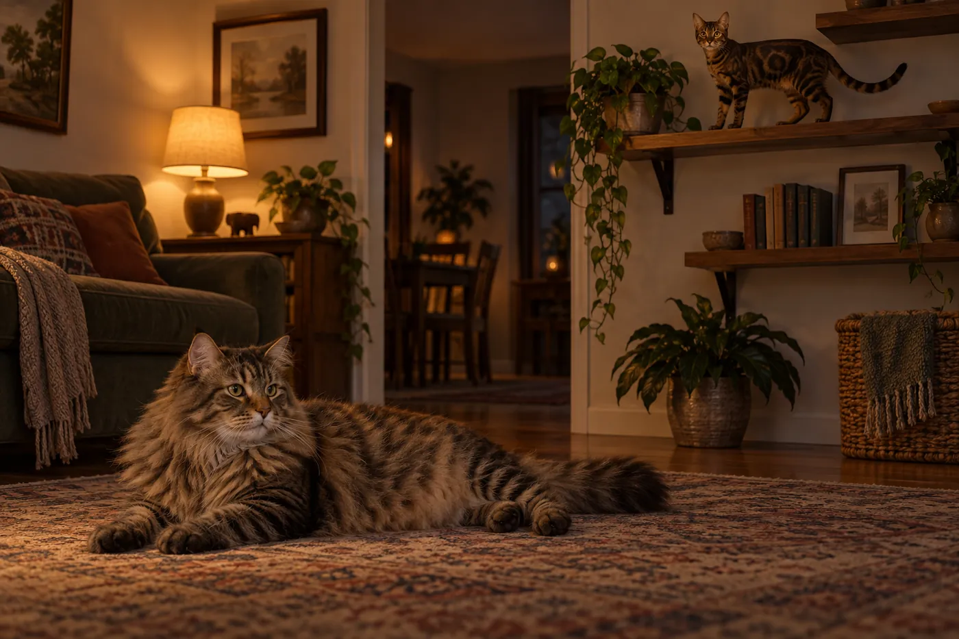 A large long-coated brown tabby cat lying on a rug while a leaner short-coated marbled cat stands on a high wall shelf