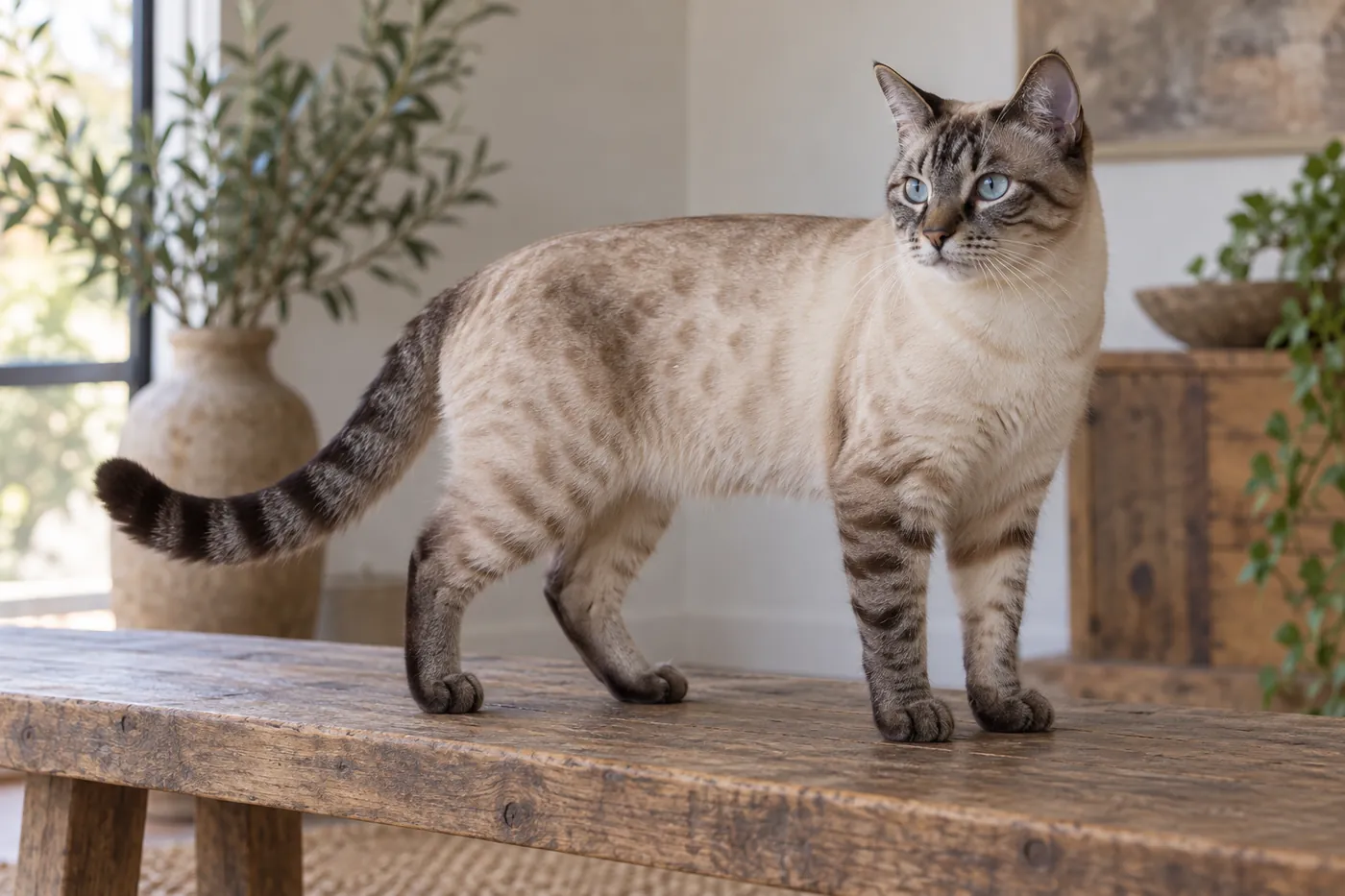 Muscular short-coated cat with a pale cream body, faint flank spots, blue eyes and striped seal-brown legs, tail and face
