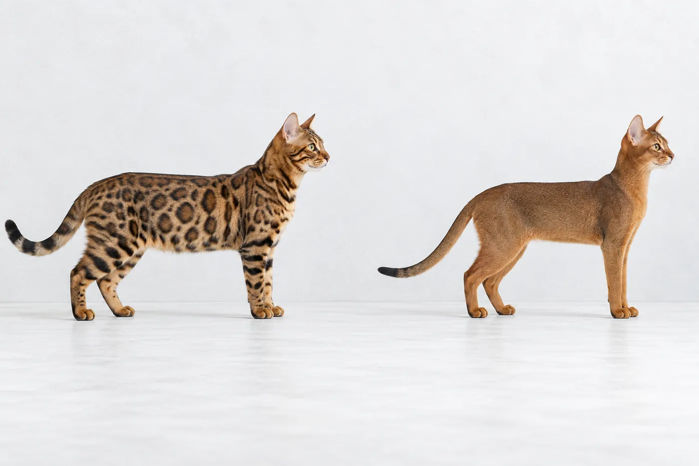 Adult brown spotted Bengal and ruddy Abyssinian standing in strict side profile on the same baseline