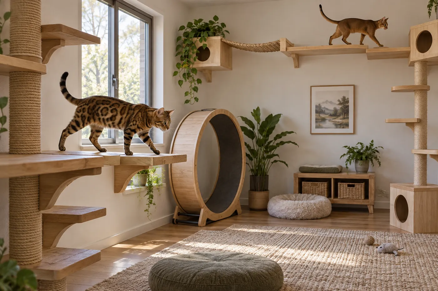 Bengal using broad anchored platforms and Abyssinian moving across connected high shelves in a secure room