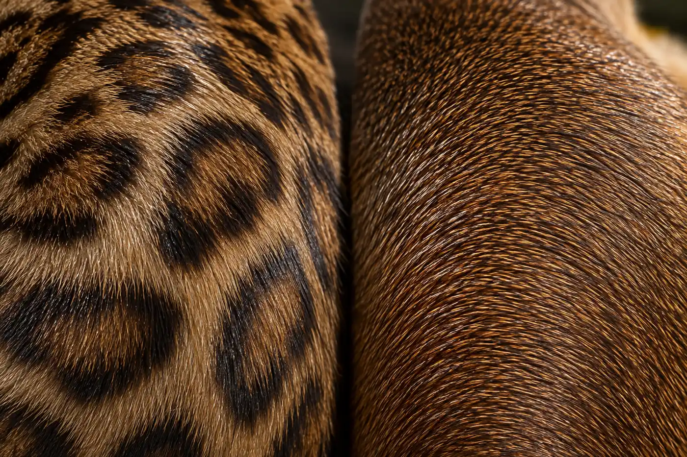 Matched close views of brown Bengal rosettes and ruddy Abyssinian ticked hairs