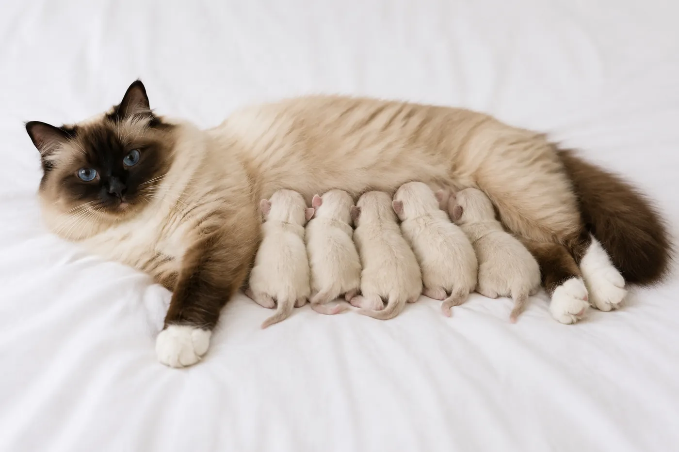 A cat lying on clean bedding with newborn kittens nursing close against her