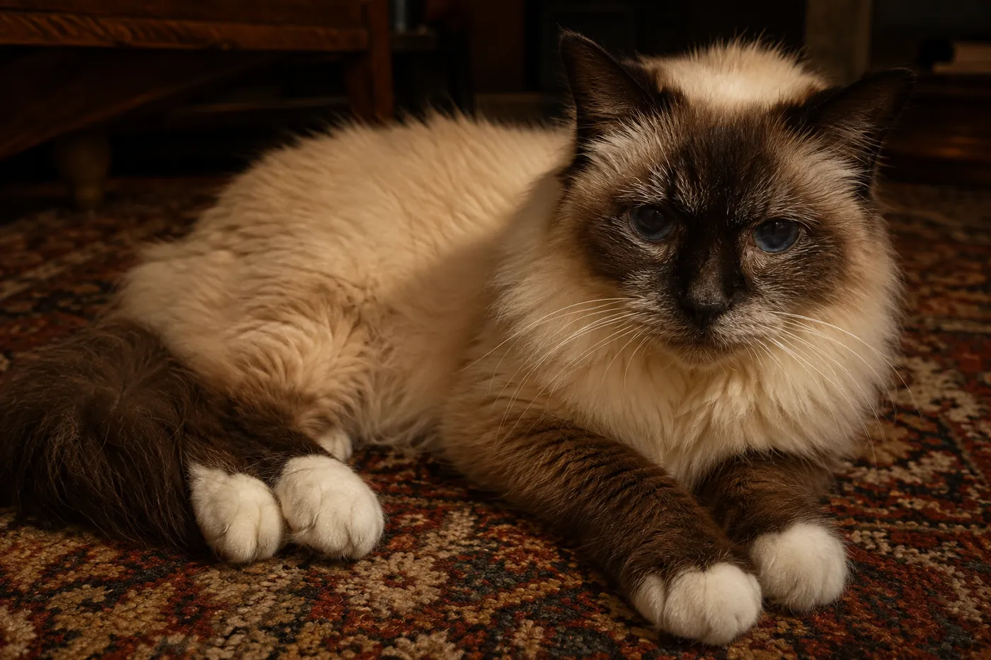 An older cat lying settled on a rug with a full coat and a greying face
