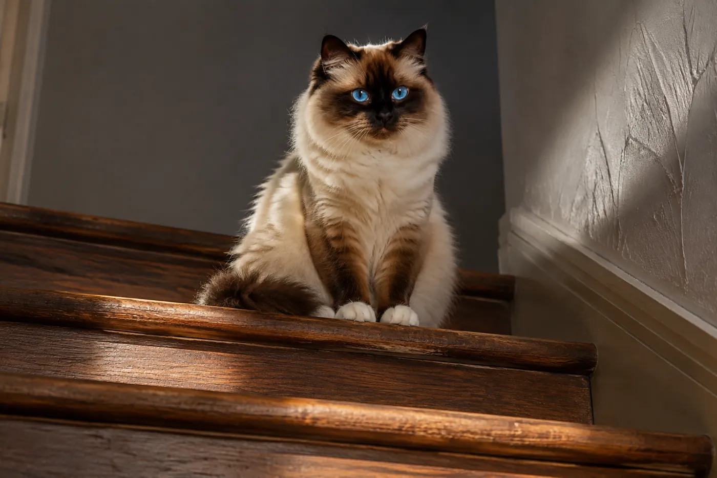 A pointed longhaired cat sitting on a stair halfway up, watching a room below