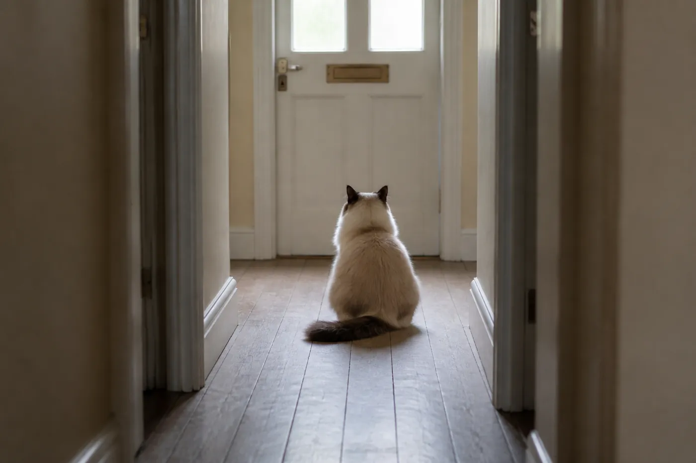 A pointed longhaired cat sitting in a doorway facing a closed front door