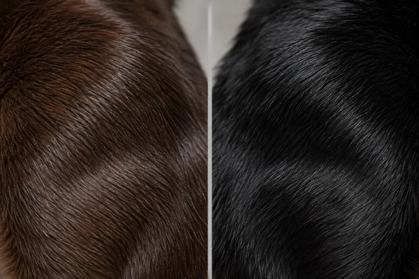 Two short glossy coats side by side, the left a very dark warm brown, the right a dense jet black
