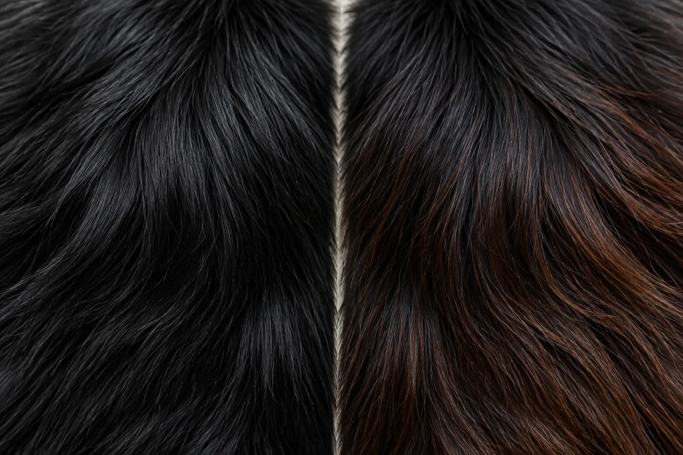 Two close views of long black coat, one deep black throughout and one with a reddish-brown cast on the outer lengths