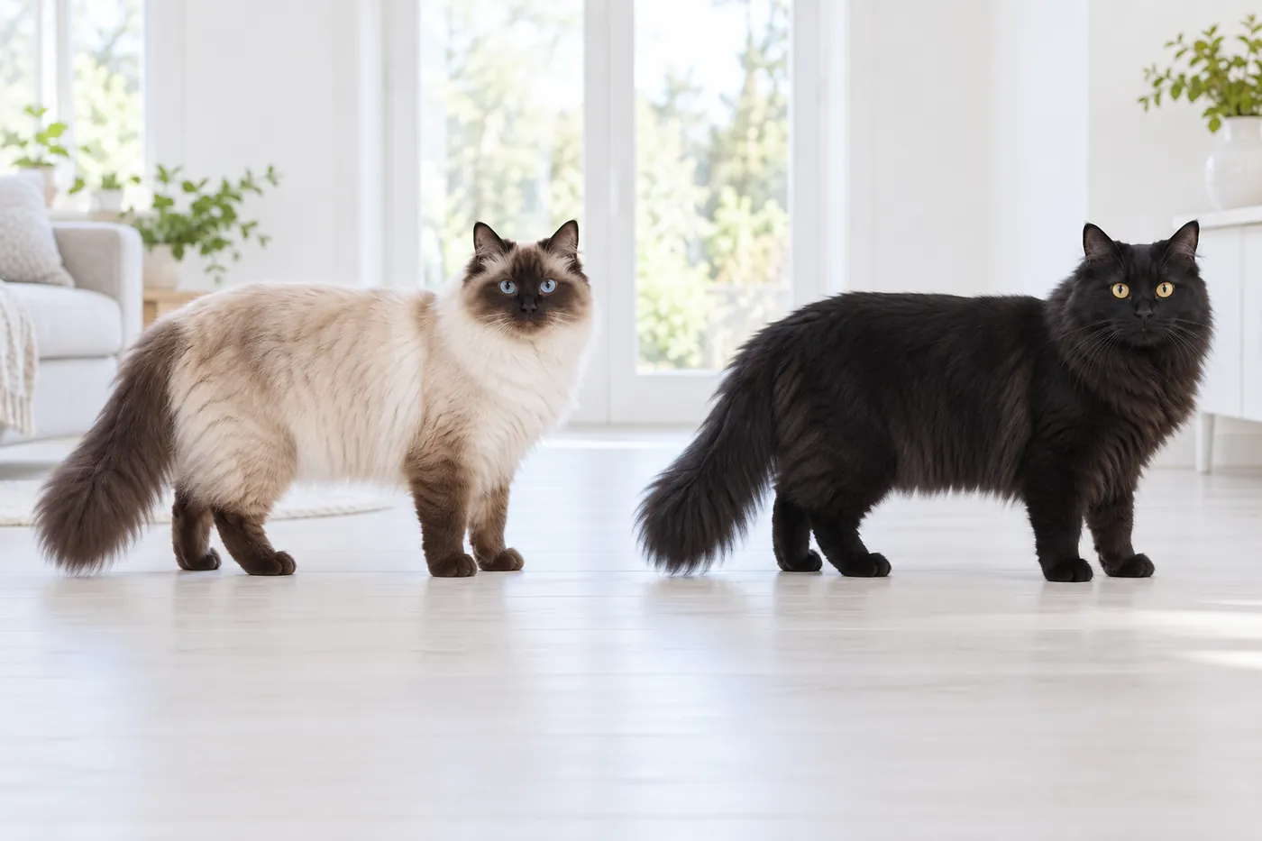 A seal point cat with blue eyes and a solid black cat with gold eyes, both large and semi-long-haired, side by side