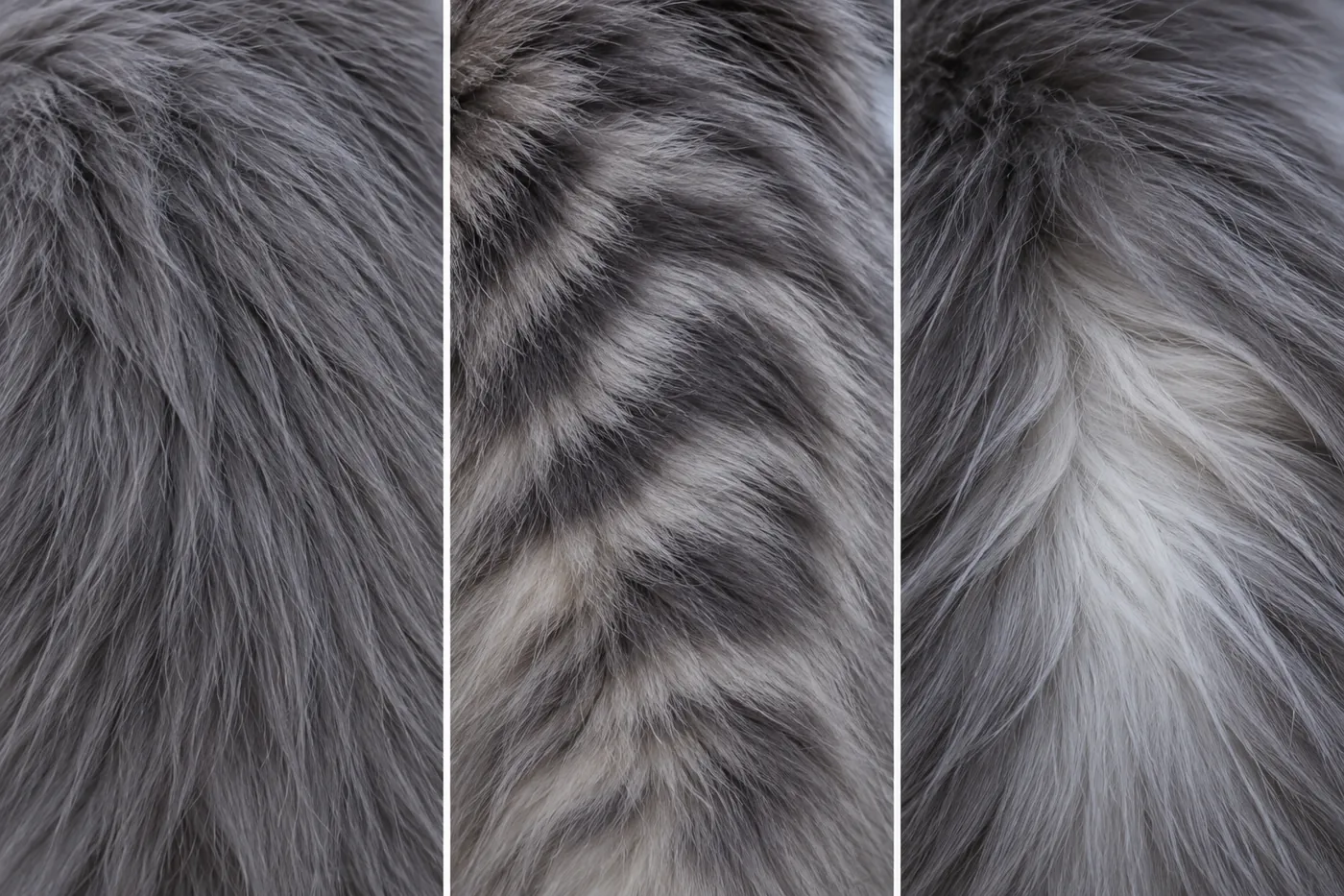 Three patches of long grey-blue cat coat: plain even blue, blue with darker swirls, and blue parted over a pale silvery base