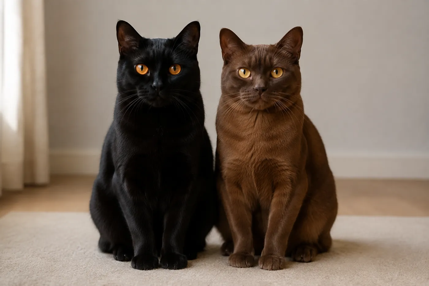 A black cat sitting beside a warm brown cat of the same build in ordinary daylight