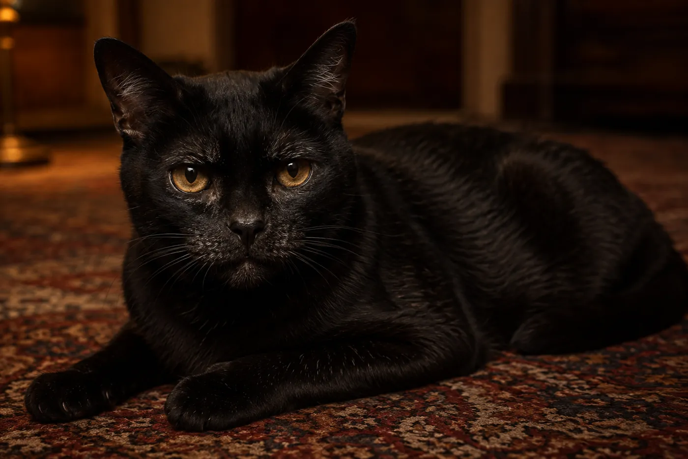 An older black cat lying settled on a rug with a greying muzzle under a low evening lamp
