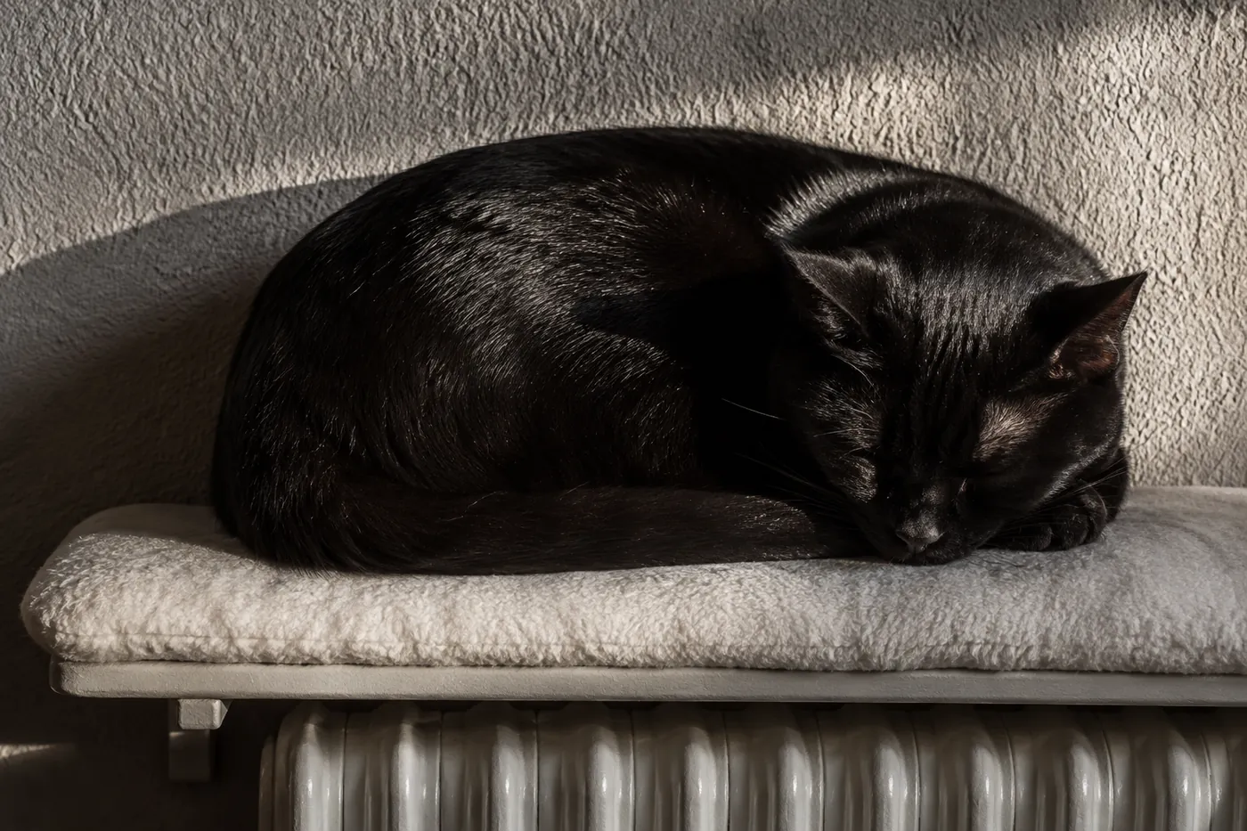 A black cat curled tightly on a warm radiator shelf in hard side light