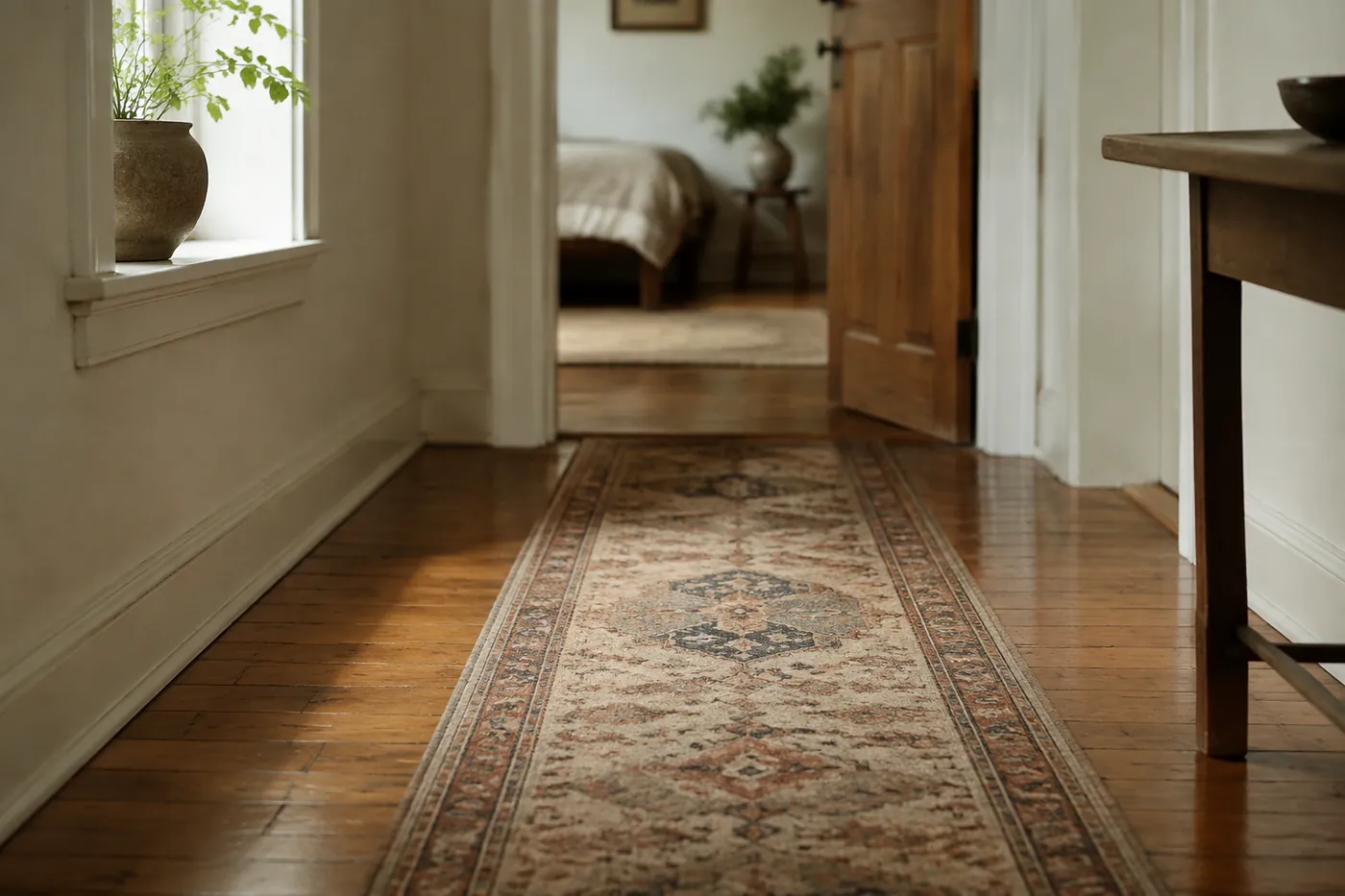 A rug runner laid along a hard floor between a bed and a doorway