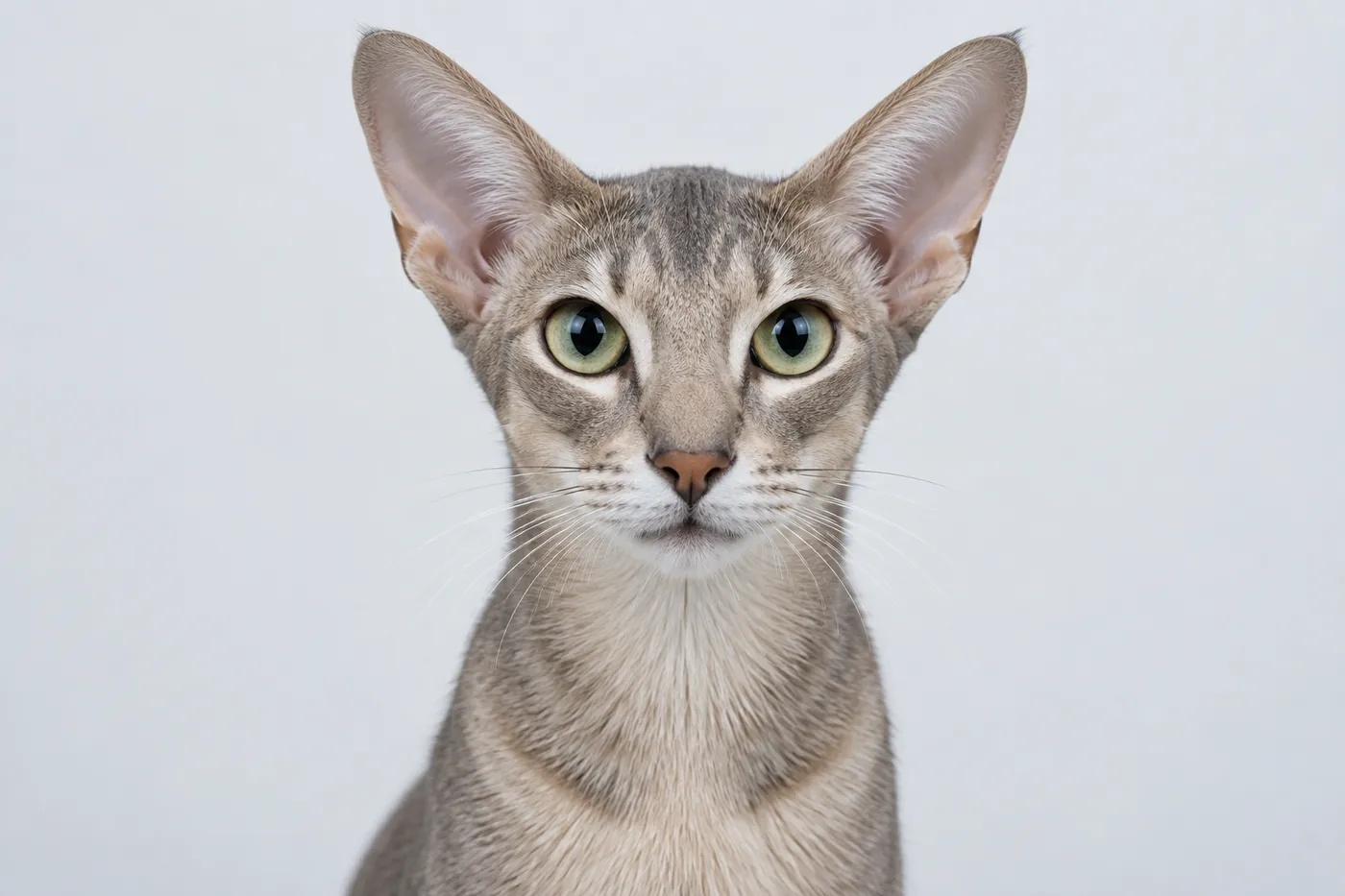 Head-on portrait of a cat with large rounded eyes spaced widely apart