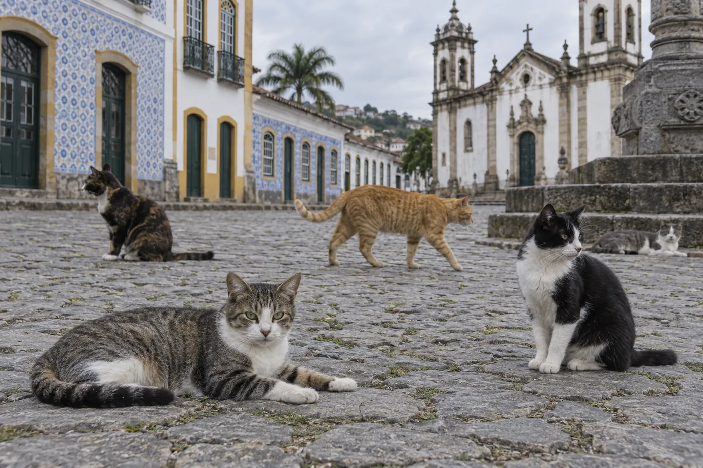 Ordinary street cats resting and moving on a sunlit cobbled plaza