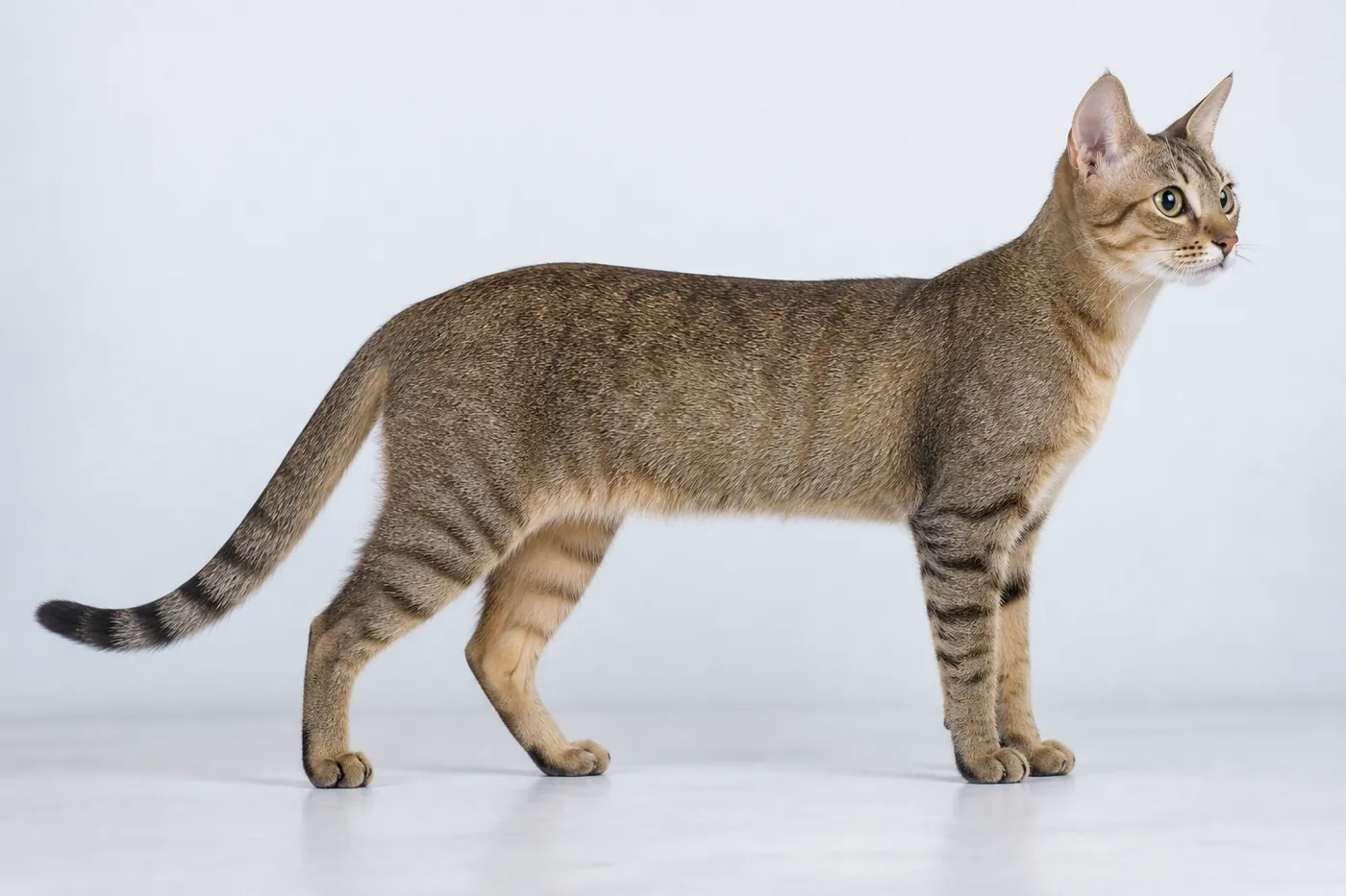 A lean medium-sized shorthaired cat standing in side profile with its body visibly longer than its leg height