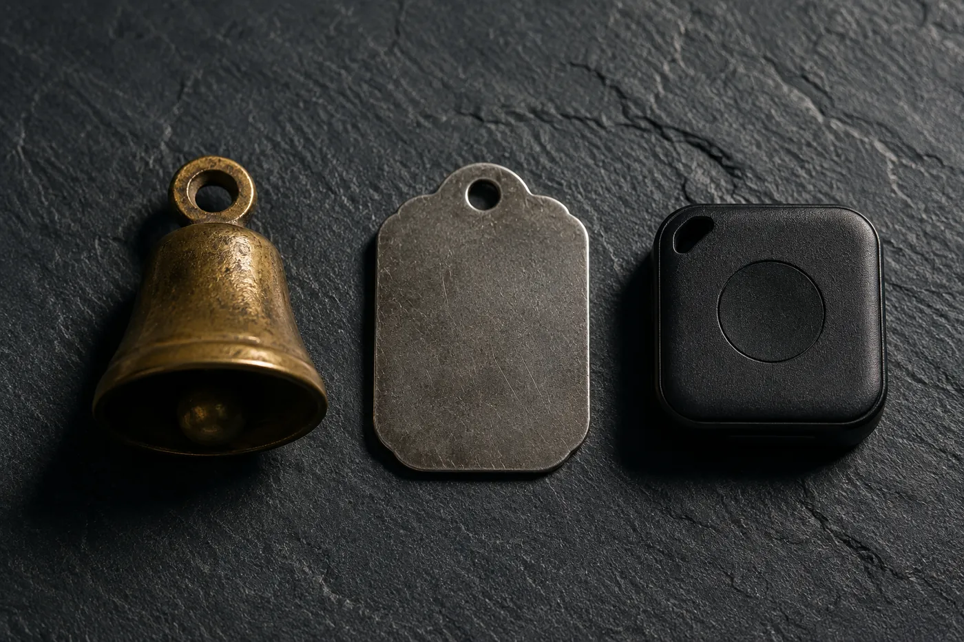 A bell, an identity tag and a small tracker laid out together