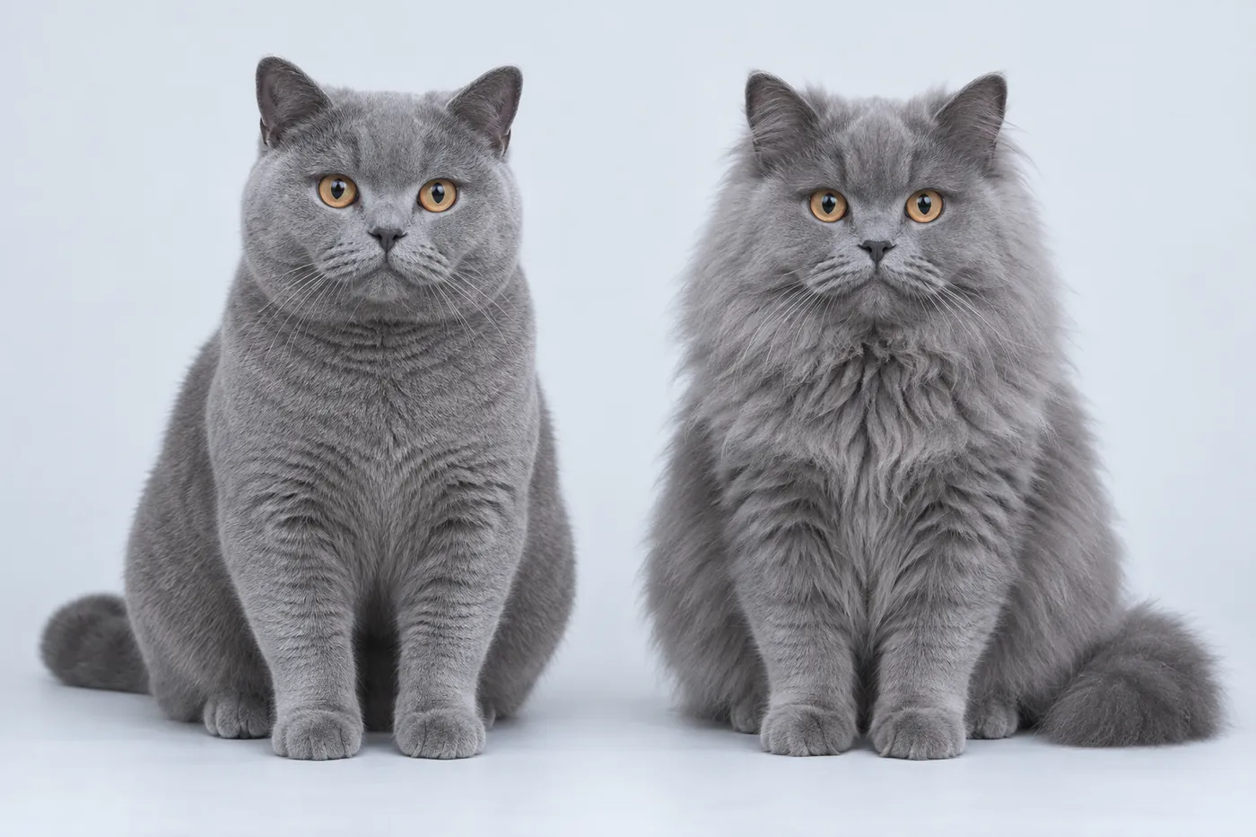 A blue shorthaired cat and a blue semi-longhaired cat of the same round-faced type side by side