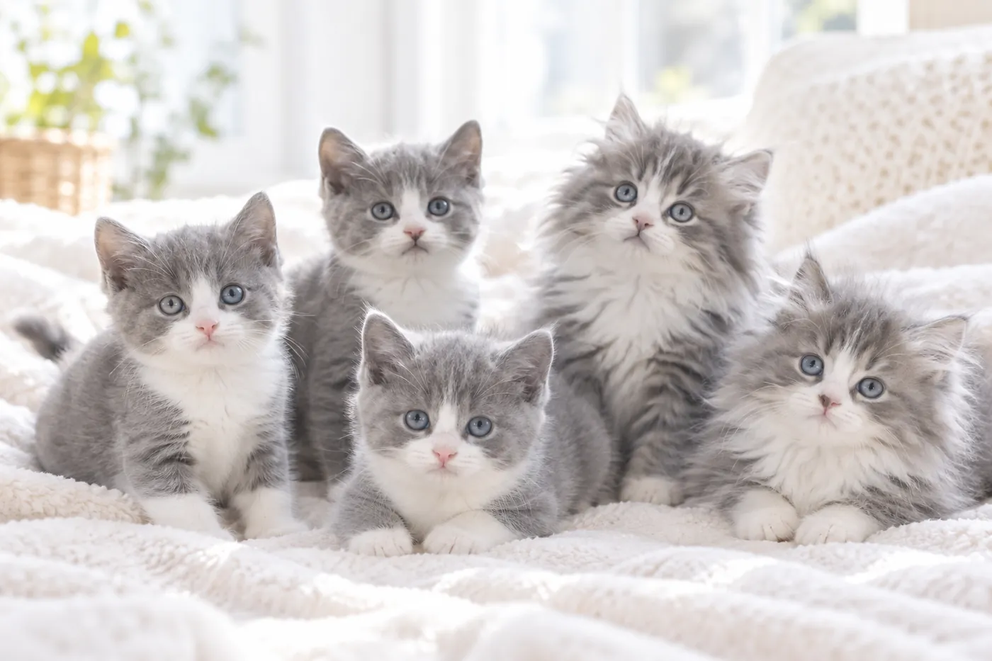 A litter of kittens, most with short plush coats and one or two visibly longer