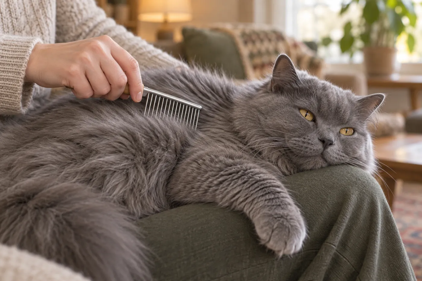 A wide-toothed comb drawn through the dense long coat of a cat on a lap