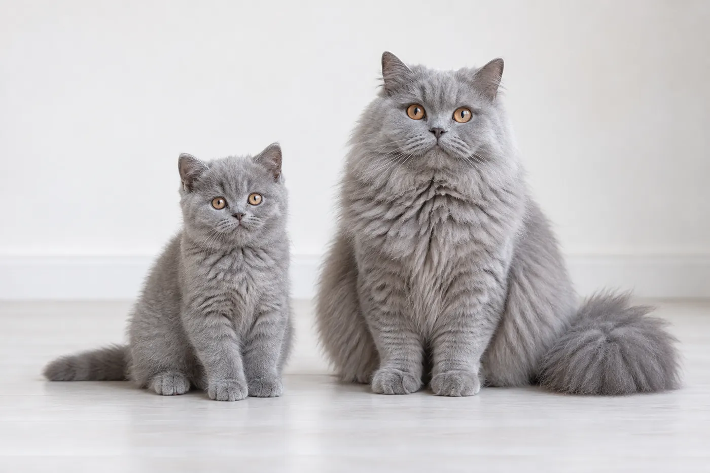A young British Longhair kitten beside a mature adult showing the change from fine kitten fluff to a dense full coat