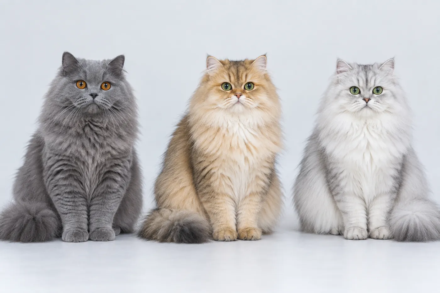 Three British Longhair cats side by side: a solid blue with copper eyes, a golden shaded and a silver shaded