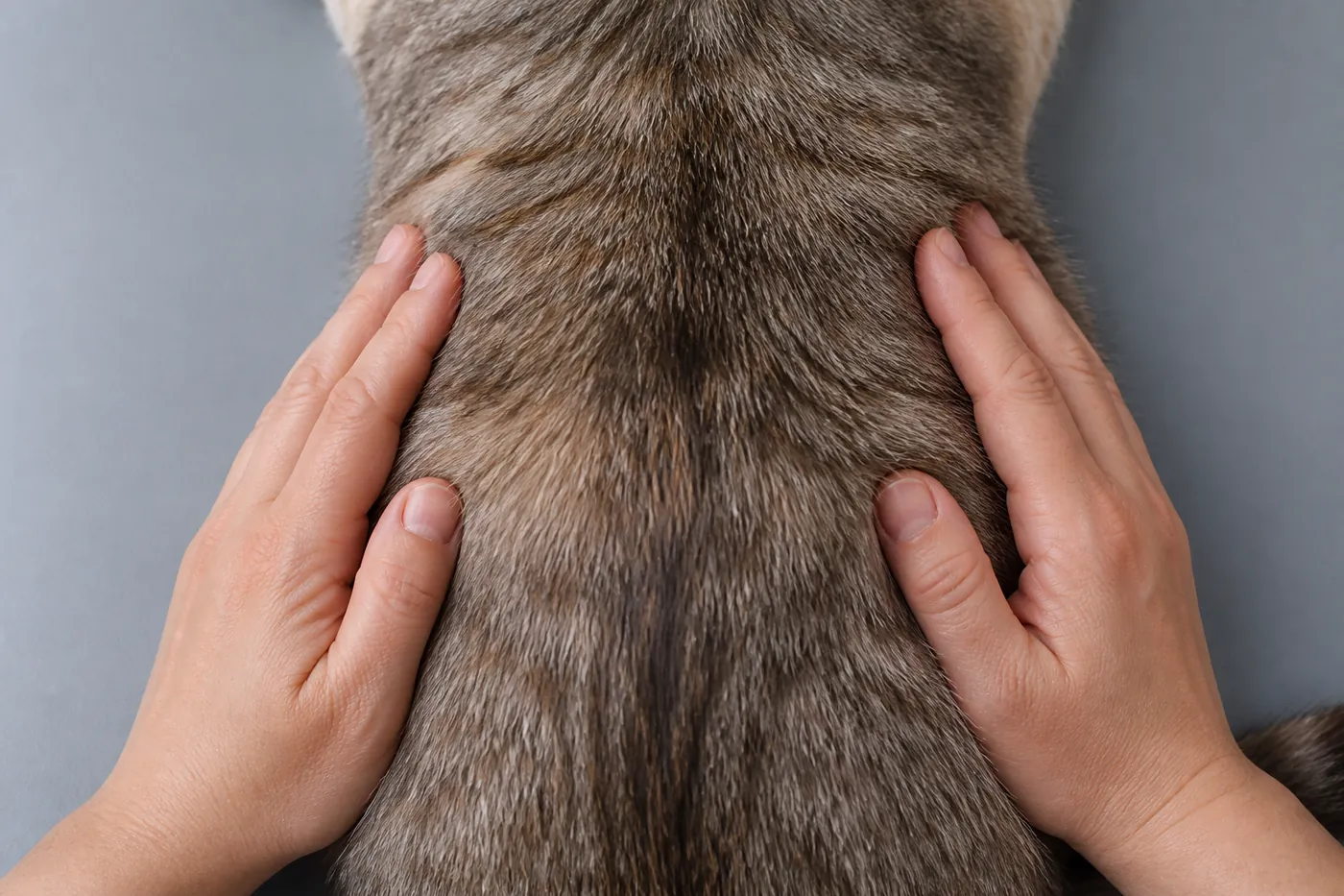 Hands feeling along the ribs of a thickly coated cat