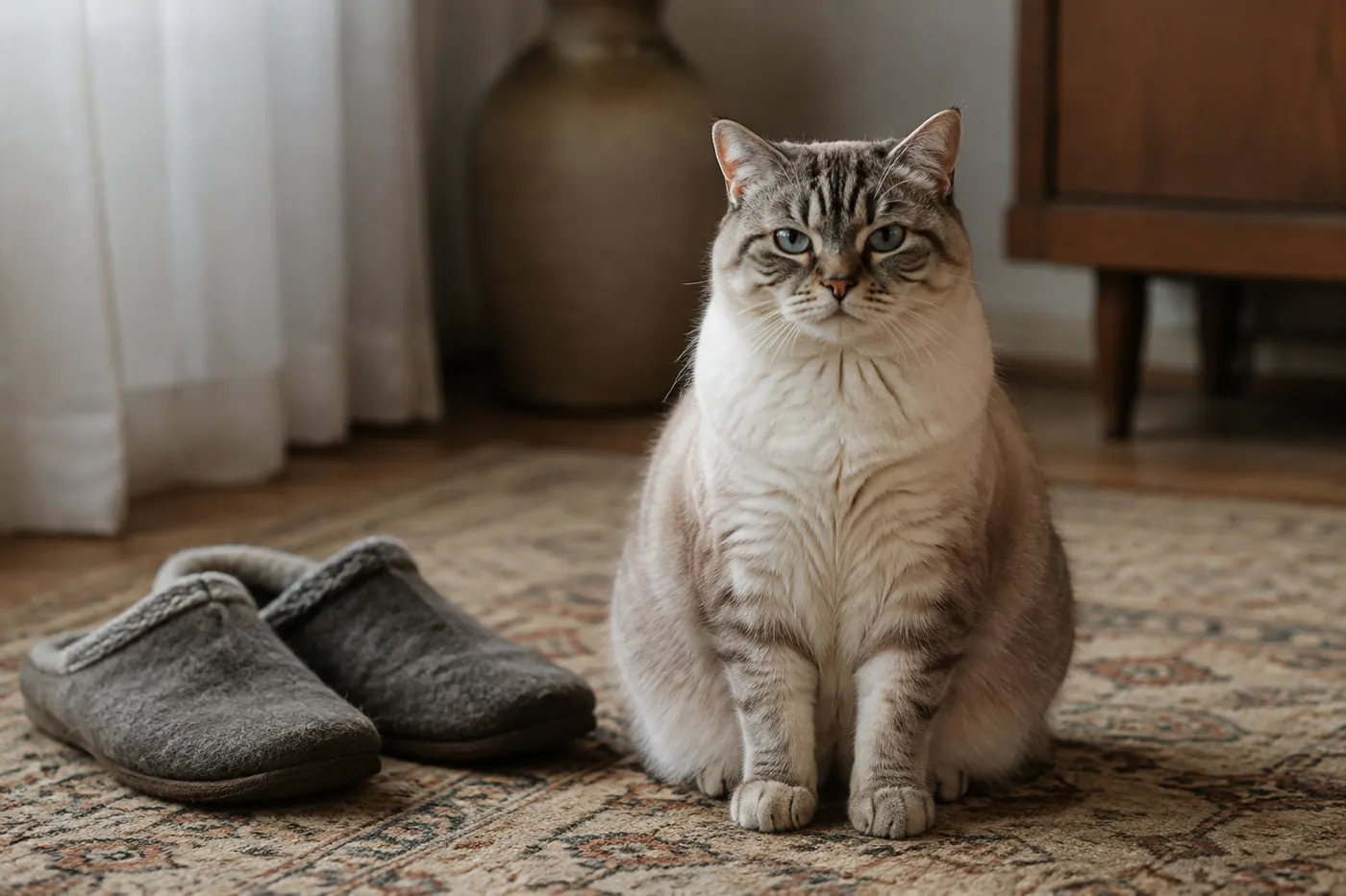 A heavy cat sitting square on a rug beside a person's feet