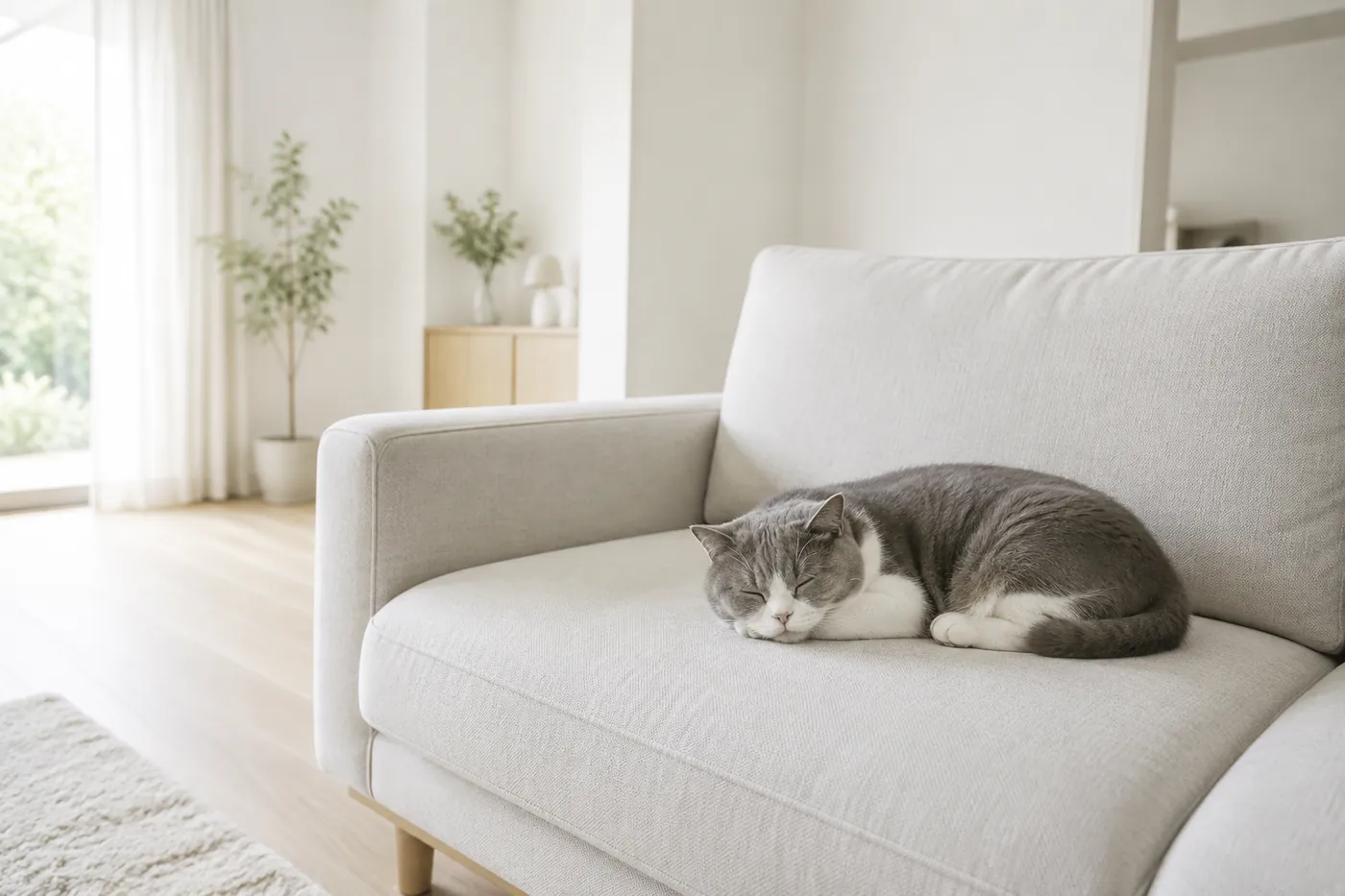 A calm cat asleep on a sofa in an empty daylit room