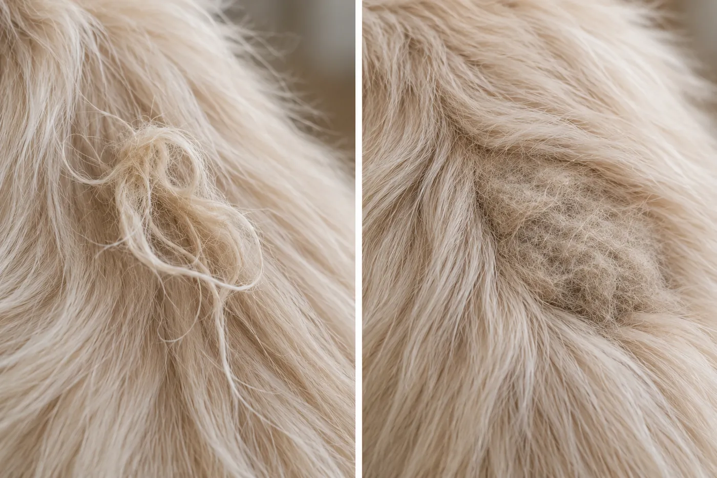 Side by side close view of long cream fur with a small loose surface tangle and a flat felted mat