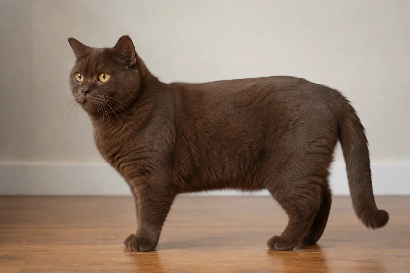 A Burmese standing side on, showing a compact muscular body on short sturdy legs with a rounded chest