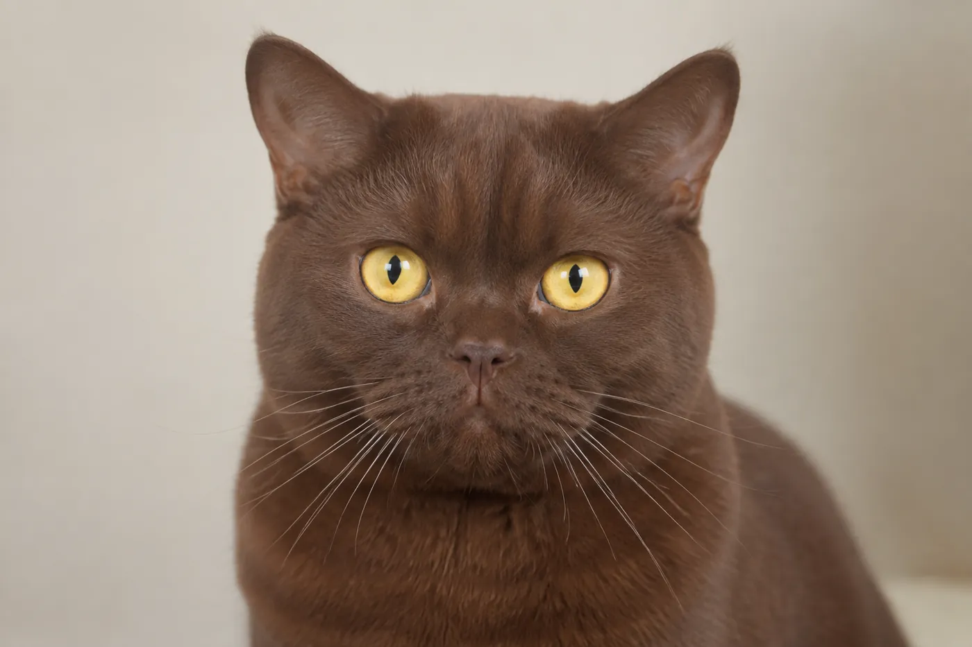 Front facing portrait of a Burmese showing a rounded skull, short muzzle and wide-set golden yellow eyes