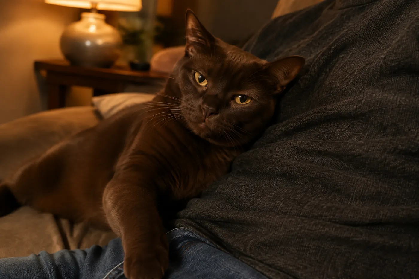 A Burmese leaning against a seated person, pressed into the contact rather than sitting beside them