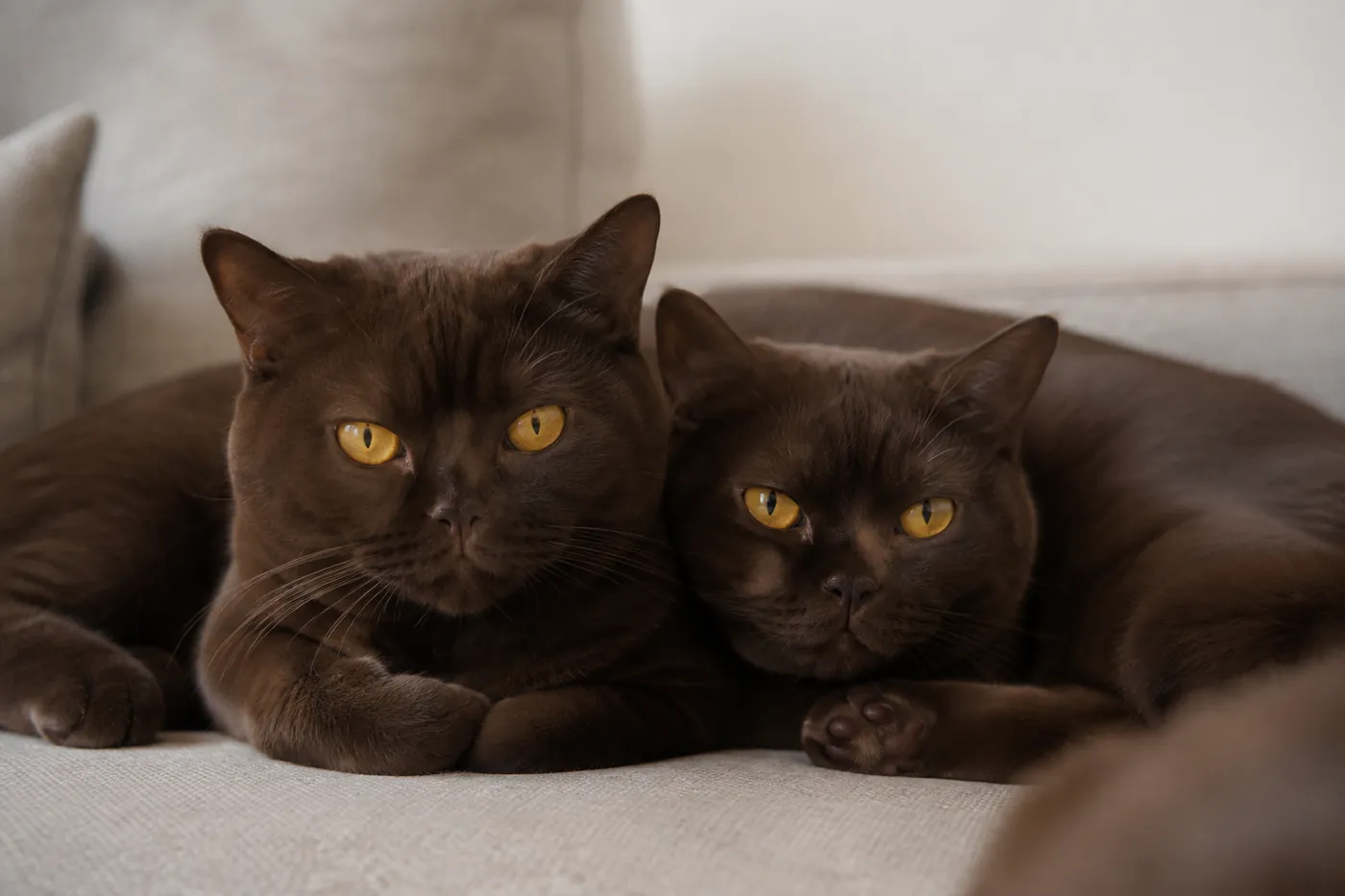 Two sable Burmese cats resting together on a sofa, in contact with one another