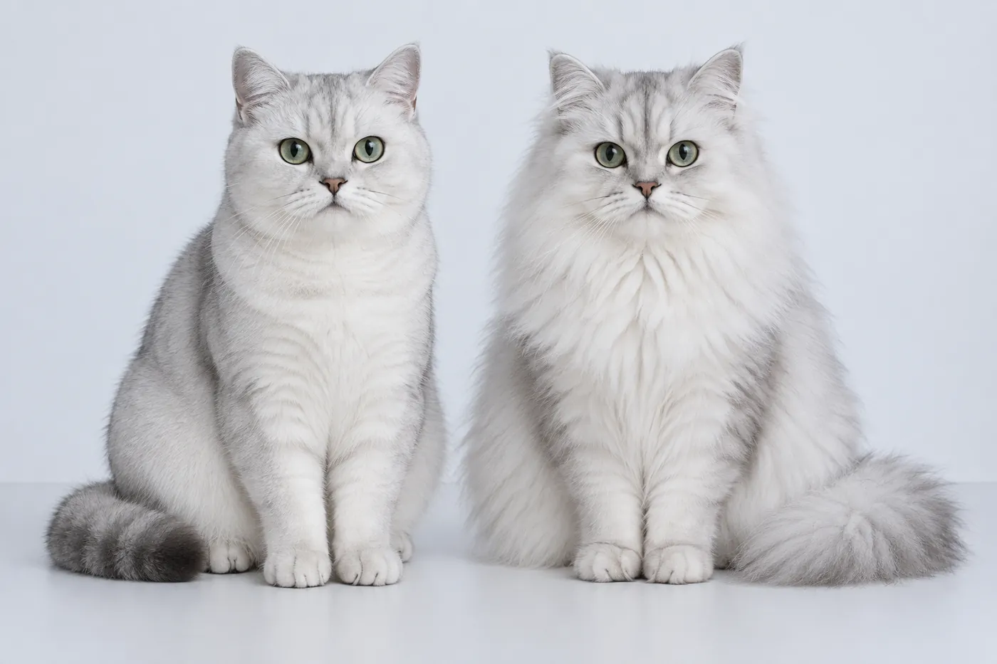 A shorthaired cat and a semi-longhaired cat of the same silver shaded colouring side by side